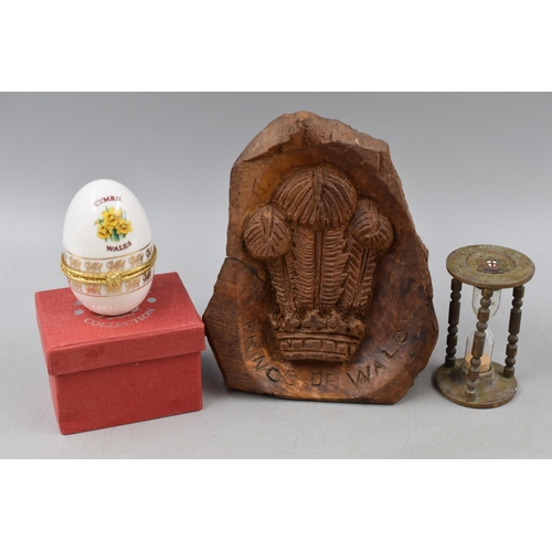 401 - Mixed lot to include a Hand Carved Prince of Wales Statue, Welsh Ceramic Faberge Style Egg and a Vin... 