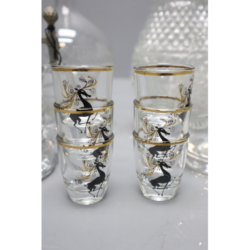 722 - Mixed Selection of Glassware to include Six French Deer Shot Glasses, Pewter Lidded items, Crystal L... 