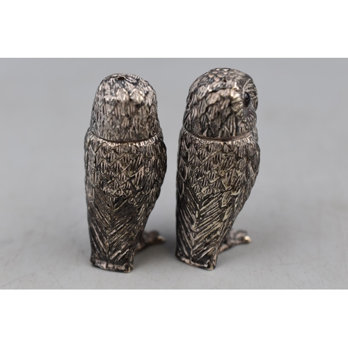 11 - A Pair of Hallmarked Birmingham Sterling Silver Owl Salt and Pepper Shakers, Both Approx 5.5cm Tall