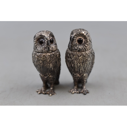 11 - A Pair of Hallmarked Birmingham Sterling Silver Owl Salt and Pepper Shakers, Both Approx 5.5cm Tall