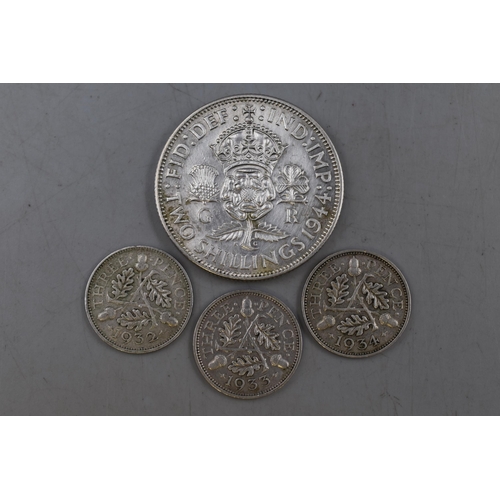 141 - George VI 1944 Silver Florin, and Three Silver Three Pence Coins (1832,1933, & 1934)