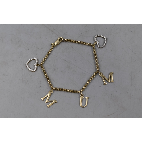 19 - Gold on Silver 925 'Mum' Bracelet with Diamante Hearts