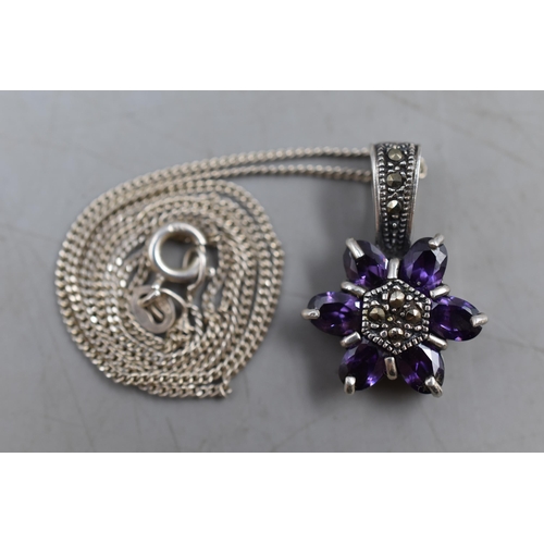 26 - Silver 925 Amethyst Flower Pendant on Silver 925 Chain