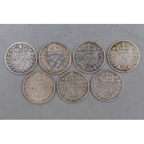 150 - Seven Victorian Silver 3d Coins (1874,1887,1891,1896,1897,1899 & 1901)