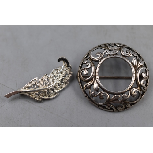 50 - Two Silver Brooches including Filigree Leaf