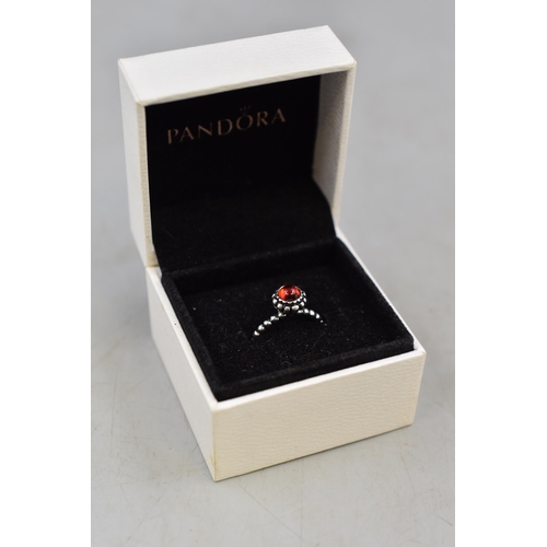 62 - Pandora Silver 925 Ruby / Garnet Stoned Ring (Size K) Complete with Presentation Box