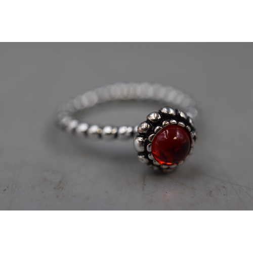 62 - Pandora Silver 925 Ruby / Garnet Stoned Ring (Size K) Complete with Presentation Box