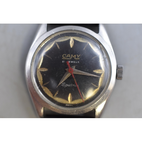 88 - CAMY 21 Jewels Mechanical Sputnik Watch with Leather Strap (Working)