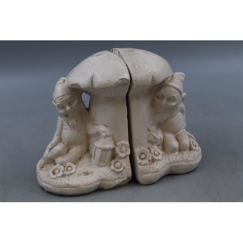 257 - Art Deco Pair of Cast Plaster Gnomes and Toadstools Bookends, 1940s (with Serial Number)