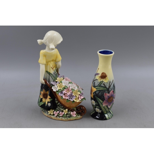 261 - Two Pieces of Old Tupton Ware. Includes Floral Vase and Girl Pulling a Wheelbarrow (AF). Largest App... 