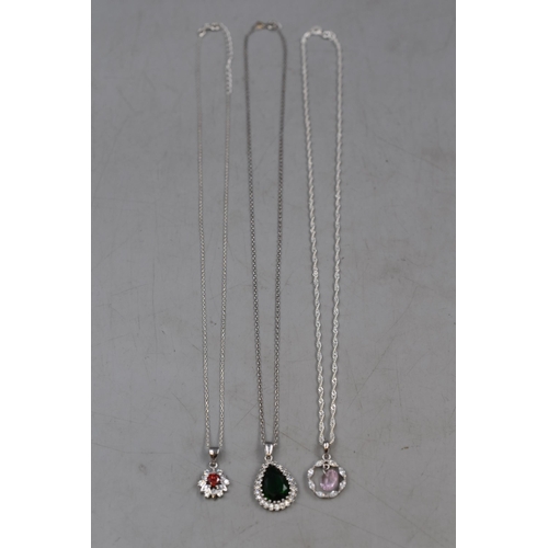 11 - Three Silver 925 Coloured Stone Necklaces each with different design. Includes Teardrop, Flower and ... 