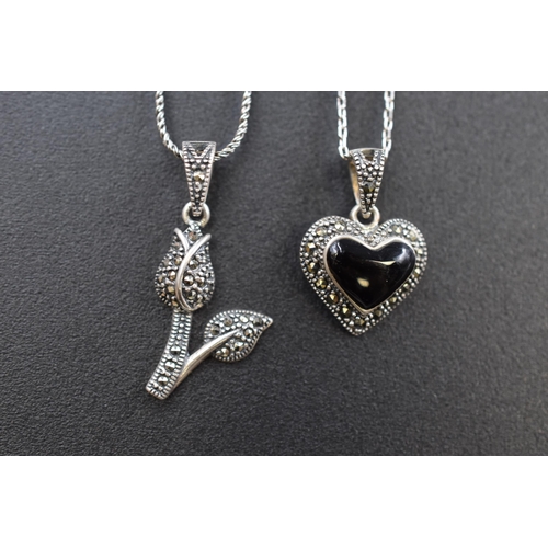 59 - Two Silver 925 Marcasite Pendant Necklaces on Silver 925 Chains. Includes Tulip Theme and Heart with... 