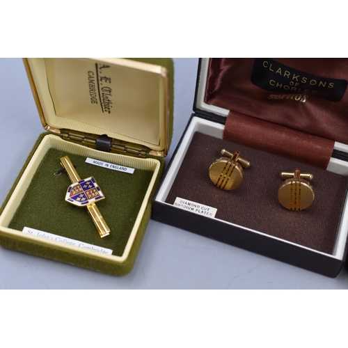 72 - Vintage Cufflinks, Tie Pin and St Johns College Cambridge Clip all in Boxes