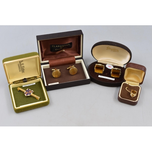 72 - Vintage Cufflinks, Tie Pin and St Johns College Cambridge Clip all in Boxes