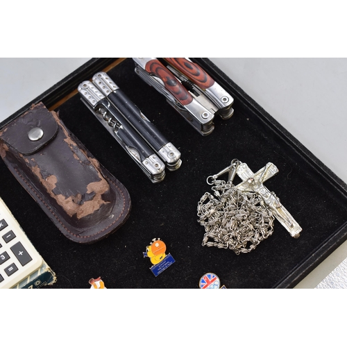 74 - Mixed Selection including Pin Badges, Multi Tools, Crucifix and More