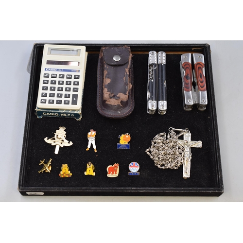 74 - Mixed Selection including Pin Badges, Multi Tools, Crucifix and More