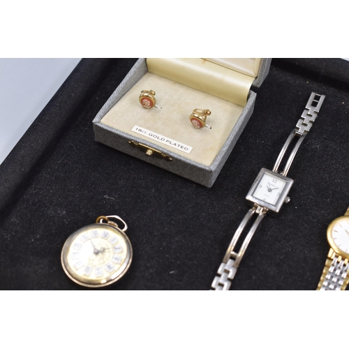 93 - Selection of 4 Wrist Watches, Eden Pocket Watch and a Pair of Cameo Gold Plated Earrings in Presenta... 