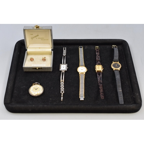 93 - Selection of 4 Wrist Watches, Eden Pocket Watch and a Pair of Cameo Gold Plated Earrings in Presenta... 