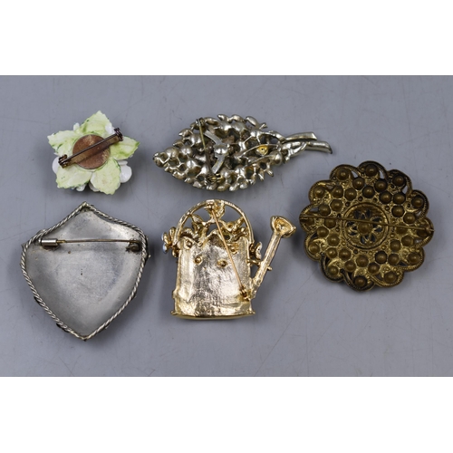 98 - Five Vintage Designer Brooches. Includes Two Floral Brooches and Others