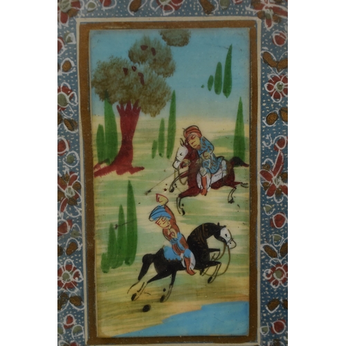 177 - Persian Miniature Painting of Hunters on Horseback with Inlaid Mosiac Frame (a/f)