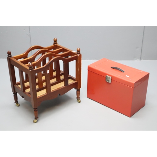 636 - A Red Metal File Box (With Two Keys), And Mahogany Canterbury Style Magazine Rack On Castors. Magazi... 