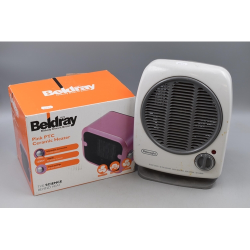 644 - Two Fan Heaters. Includes Boxed Beldray Pink PTC Ceramic Heater, And Delonghi Fan Heater. Both Power... 