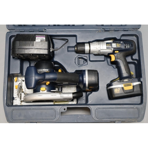 655 - Performance Power 18v Hammer Drill and Combination Saw includes Batteries, Charger, and Case (Untest... 