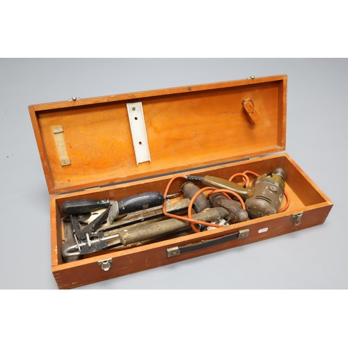 656 - A Selection of Assorted Vintage Tools, In Wooden Case. Includes Black & Decker D720 2 Speed Dril... 