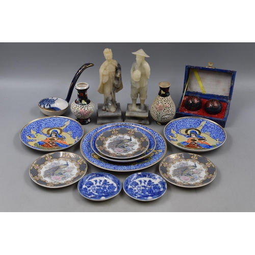 665 - Fourteen Oriental Style Pieces. Includes Two Stone Figures (One Has Slight Chip), Set of Three Peaco... 