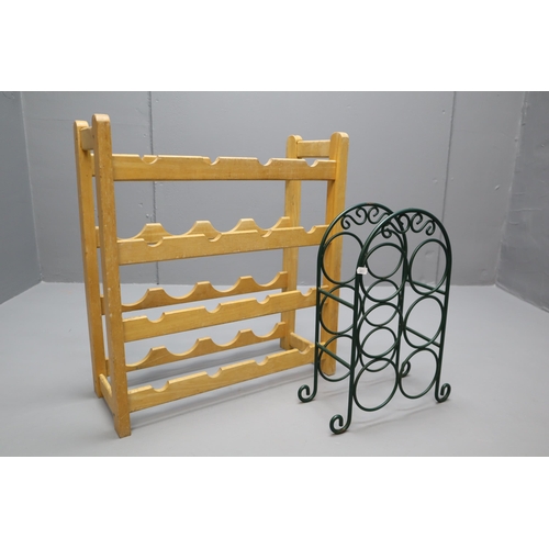 672 - Two Wine Racks. Includes Green Cast Metal Rack (Holds Six Bottles), And Wooden Rack (Hold Sixteen Bo... 