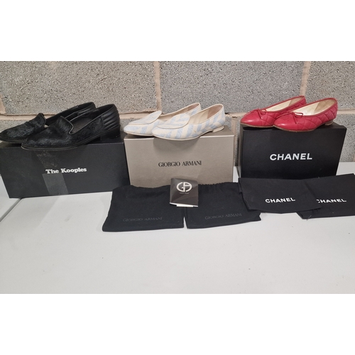 679 - Three Boxed Pairs of Size 3 Ladies Shoes. Georgia Armani, Chanel and The Kooples.