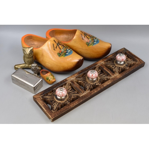 705 - A Mixed Selection to Include Pair of Wooden Clogs and Smaller Clog, Two Metal Owl Figures, Childrens... 