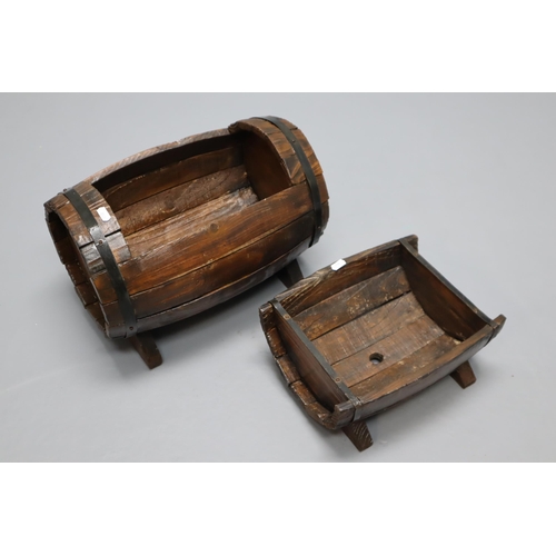 706 - Two Wooden Barrel Shaped Garden Planters, Largest Approx 16