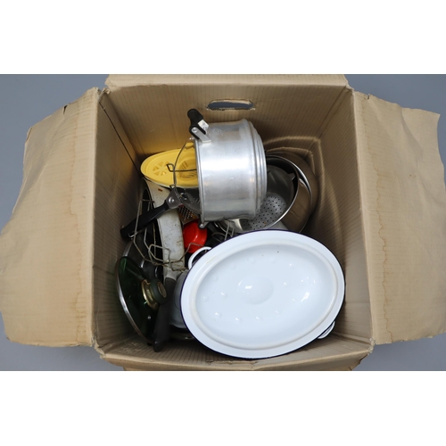 736 - A Box Containing a Large Selection of Kitchenalia. Includes Pans, Grater, Colander, Pantheon Deep Fr... 