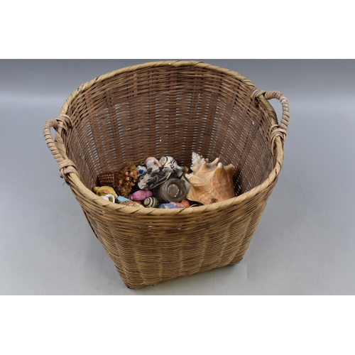 718 - Nice Wicker Basket Full of Niknaks , Ornaments , Shells. Some Nice Pieces. House Clearance Lot