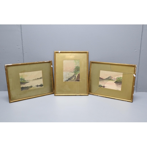 726 - Three Antique Framed and Glazed W H Barrett Watercolour Paintings Dated 1916 one a/f approx 18