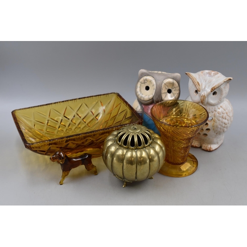 729 - South African Studio Pottery Owl, Owl Tealight Holder, two Pieces of Amber Glass and a Brass Pomegra... 