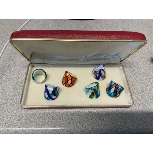 46 - A Selection of Six Murano Glass Lamp Rings. Complete with Leather Presentation Box