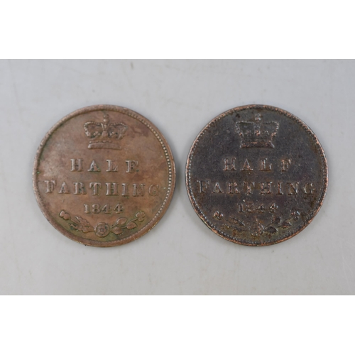 208 - Two 1844 Half Farthing Coins (Better Grade). Victoria Head.