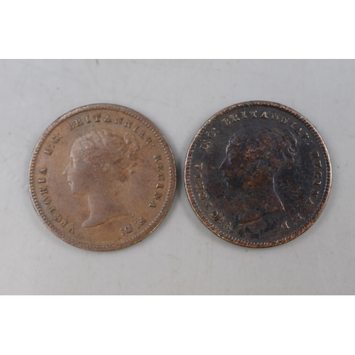 208 - Two 1844 Half Farthing Coins (Better Grade). Victoria Head.