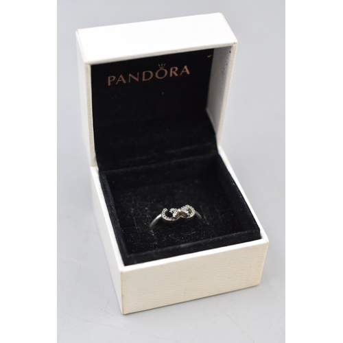 20 - Pandora Silver 925 Ale Bow Design Ring (Size N). Complete in Presentation Box.