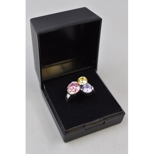 51 - Silver 925 CZ 3 Stoned Ring (Size O) Complete with Presentation Box