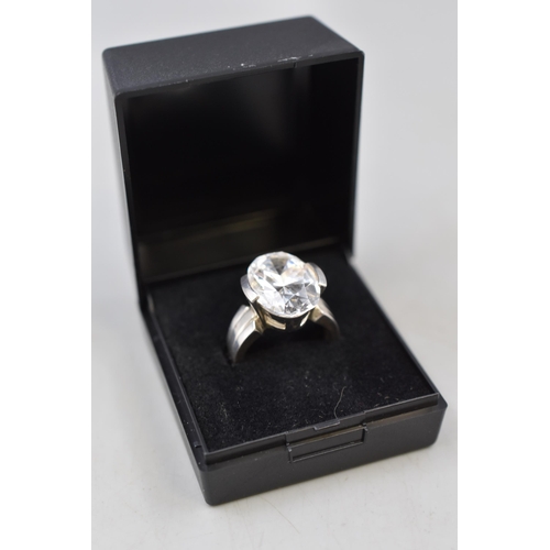 52 - Hallmarked Birmingham Silver Large Stoned CZ Ring (Size M) Complete with Presentation Box