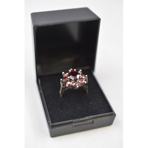 54 - Vintage Gold on Silver Garnet Stoned Ring (Size O) Complete with Presentation Box