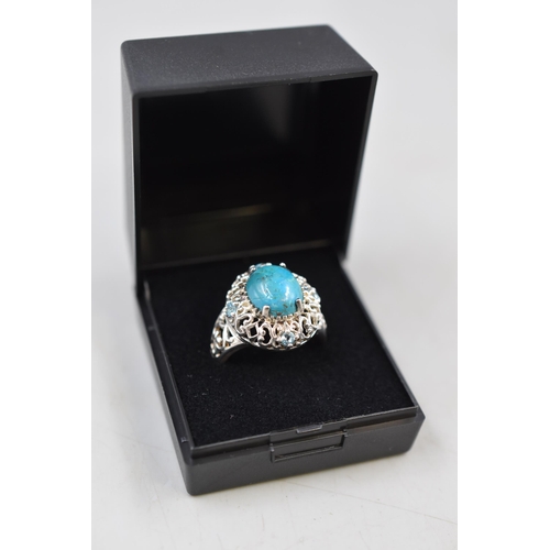 57 - Silver 925 Large Blue Stoned Ring (Size P) Complete with Presentation Box