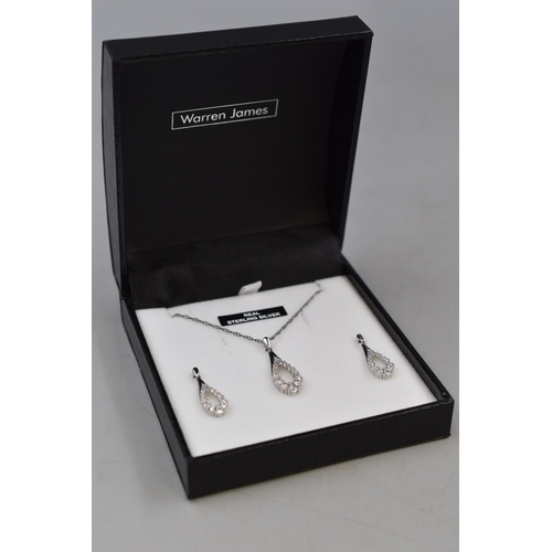 61 - Silver 925 Necklace and Earring Set with Rain Drop Diamante Design. Complete in Presentation Box.