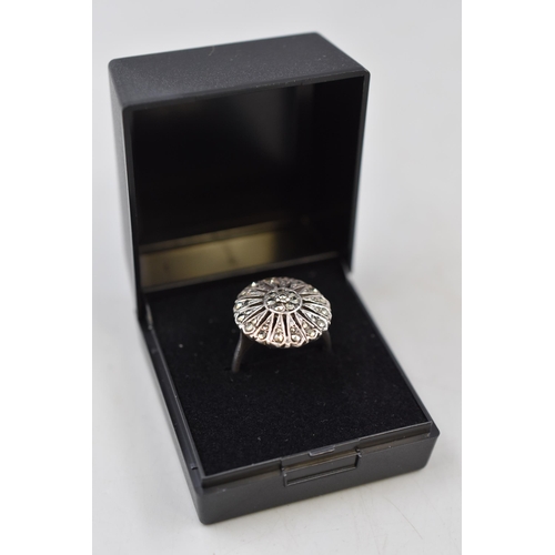 62 - Vintage Sterling Silver Marcasite Ring (Size N) Complete with Presentation Box