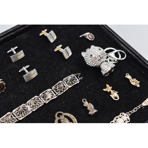 71 - Mixed Selection Including Cufflinks, Bracelets, Cat Key Ring, Charms and More