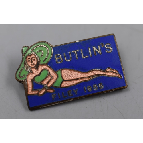 80 - Rare Original Butlins Metal Enameled Badge, 1955 Filey Holiday Camp Girl in a Swimsuit, depicting a ... 