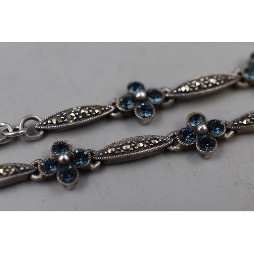 91 - Vintage Silver 925 Marcasite Necklace with Blue Stone Flower Design